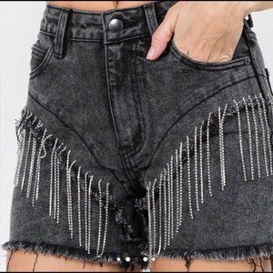 American Bazi Black Denim Diamond Fringe Shorts